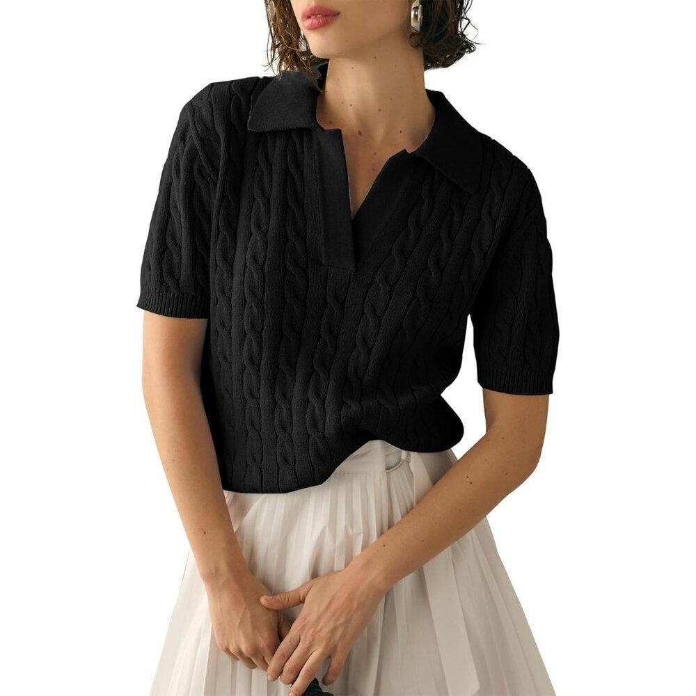 Women's Cable Short Sleeve Sweaters Tops Solid Lapel V Neck Knit Casual - Picture 1 of 4